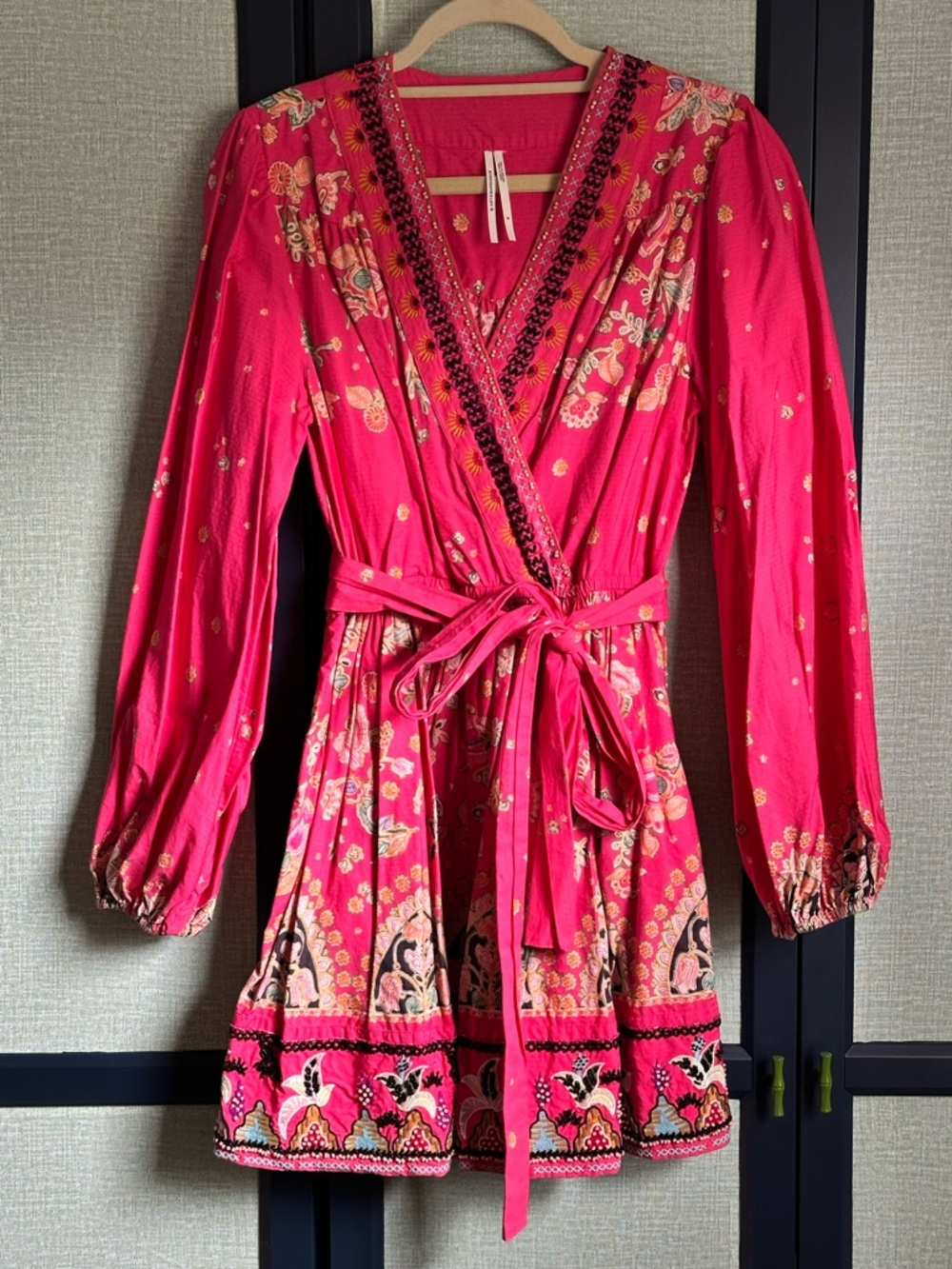Anthropologie Raquel Beaded + Embroidered Wrap Style Mini Dress in Pink, Size M - Picture 2 of 13